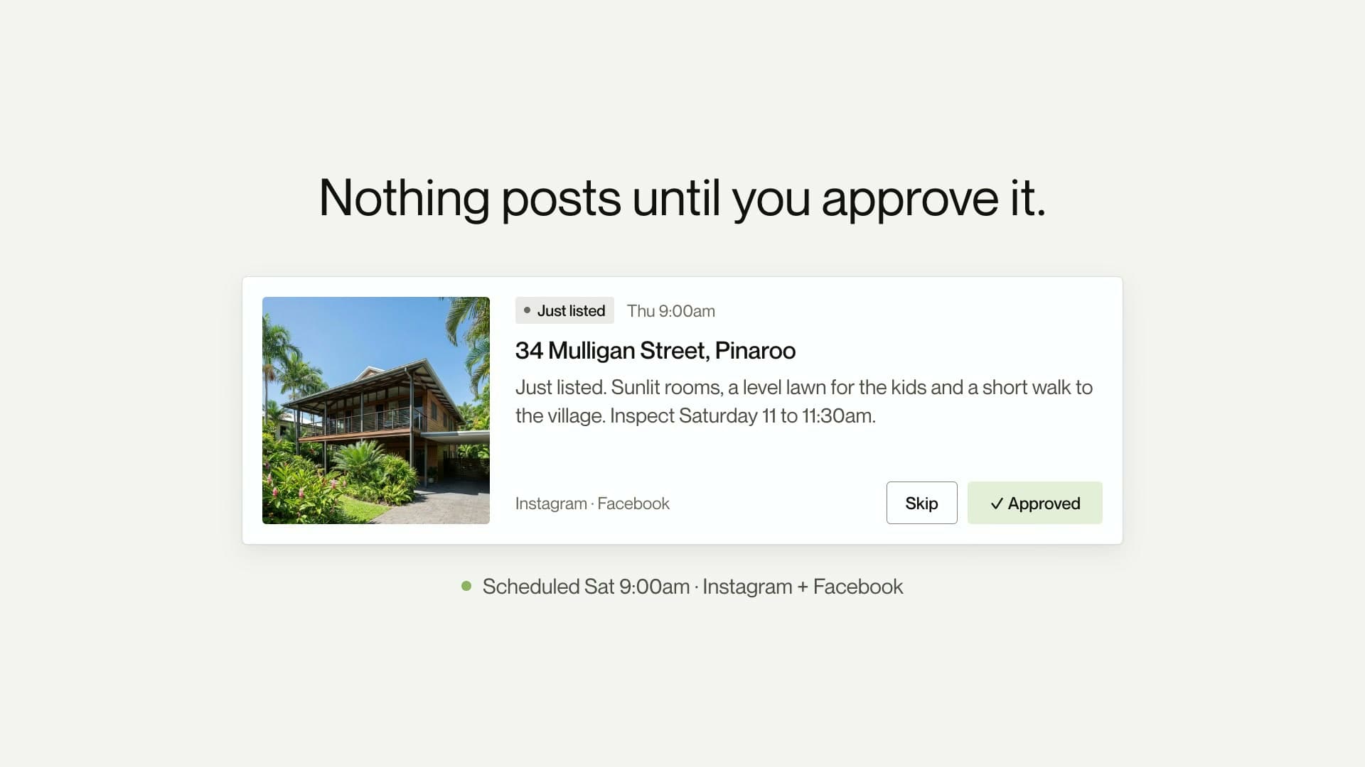 ListingMate film: a drafted listing post waiting for approval